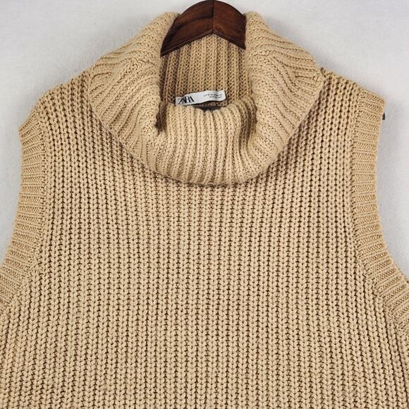 ZARA Sweater Vest Women M Tan Turtleneck Sleeveless Chunky Knit Oversized - Picture 4 of 12